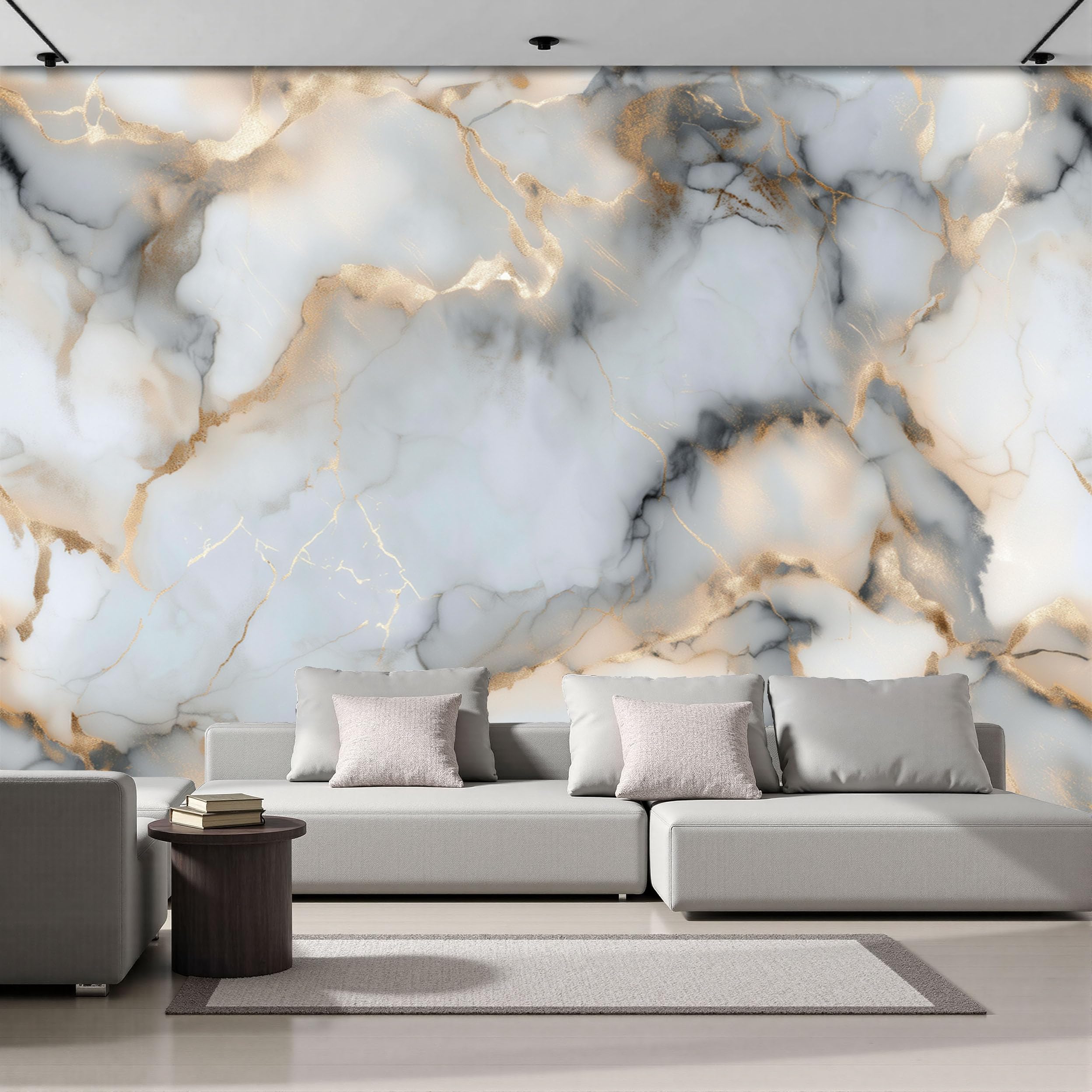 Carta Da Parati Fotomurale Xxl Elegante Marmo Screpolato 200X140Cm, Poster Murale Fotografica 3D In Tessuto Non Tessuto Onde Di Marmo Di Lusso Di Grande Per Tv Corridoio Soggiorno, Bianco Oro
