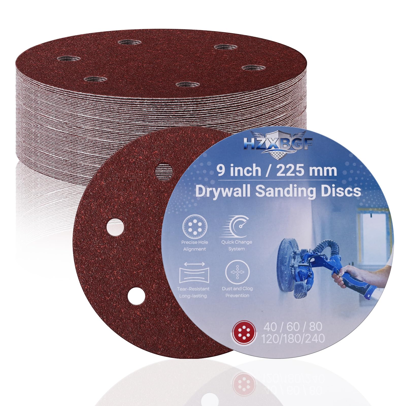 12 PCS 225mm 6 Hole Sanding Discs, 40 Grit Hook and Loop Round Sandpaper