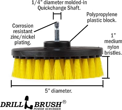 5 Inch Diameter Drill Powered Scrub Brush With Quarter Inch Quick Change Shaft