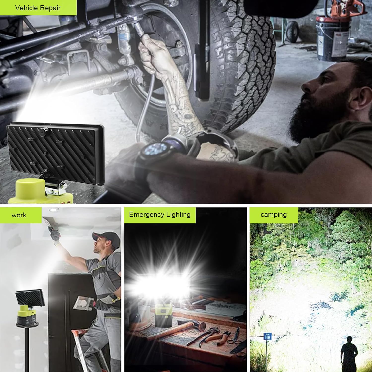 Compatible with Ryobi 18V Battery Cordless Work Light,38W 6000LM Flashlight,2 Brightness LED Flood Lights with USB & Type C Charging Port and Low Voltage Protection for Indoor Outdoor