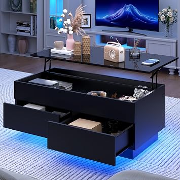 HOMMPA 40 Lift Top Coffee Table, Black Coffee Tables with Storage for Living Room, LED Modern Coffee Table, Flip Top Center Table with 2 Drawers & Hidden Compartment, Lift Up Wooden Coffee Table