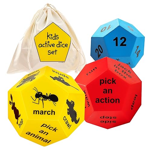 Covelico Exercise Dice for Kids, 3 Pack of 12-Sided Foam Dice, PE Games | PE Equipment, Elementary Indoor Recess and Outdoor Games, Classroom, Gross Motor Toys Ages 3-12, Durable with Storage Bag
