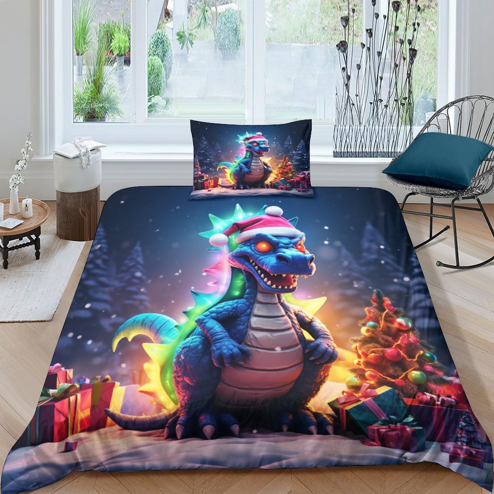 Housse de couette dinosaure de Noël 3D imprimé parure de lit microfibre 3 pièces