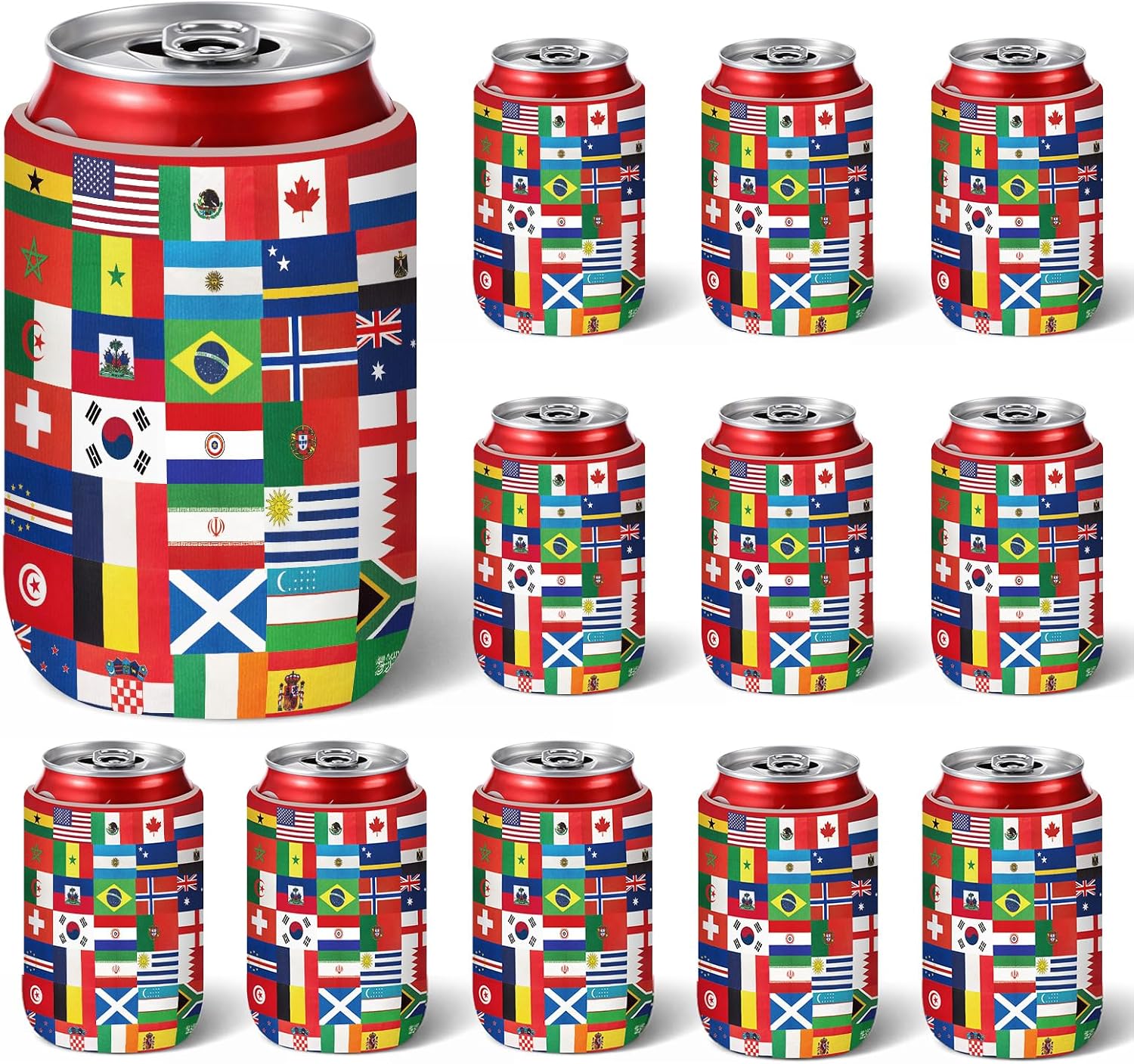 Chengu 12 Pcs 2026 Soccer Theme Party Can Cooler International Country World Flags Decorations for Tournament Drink Insulator Beer Sleeve Can Cooler Gifts for Soccer Fans Sports Party Supplies Decor