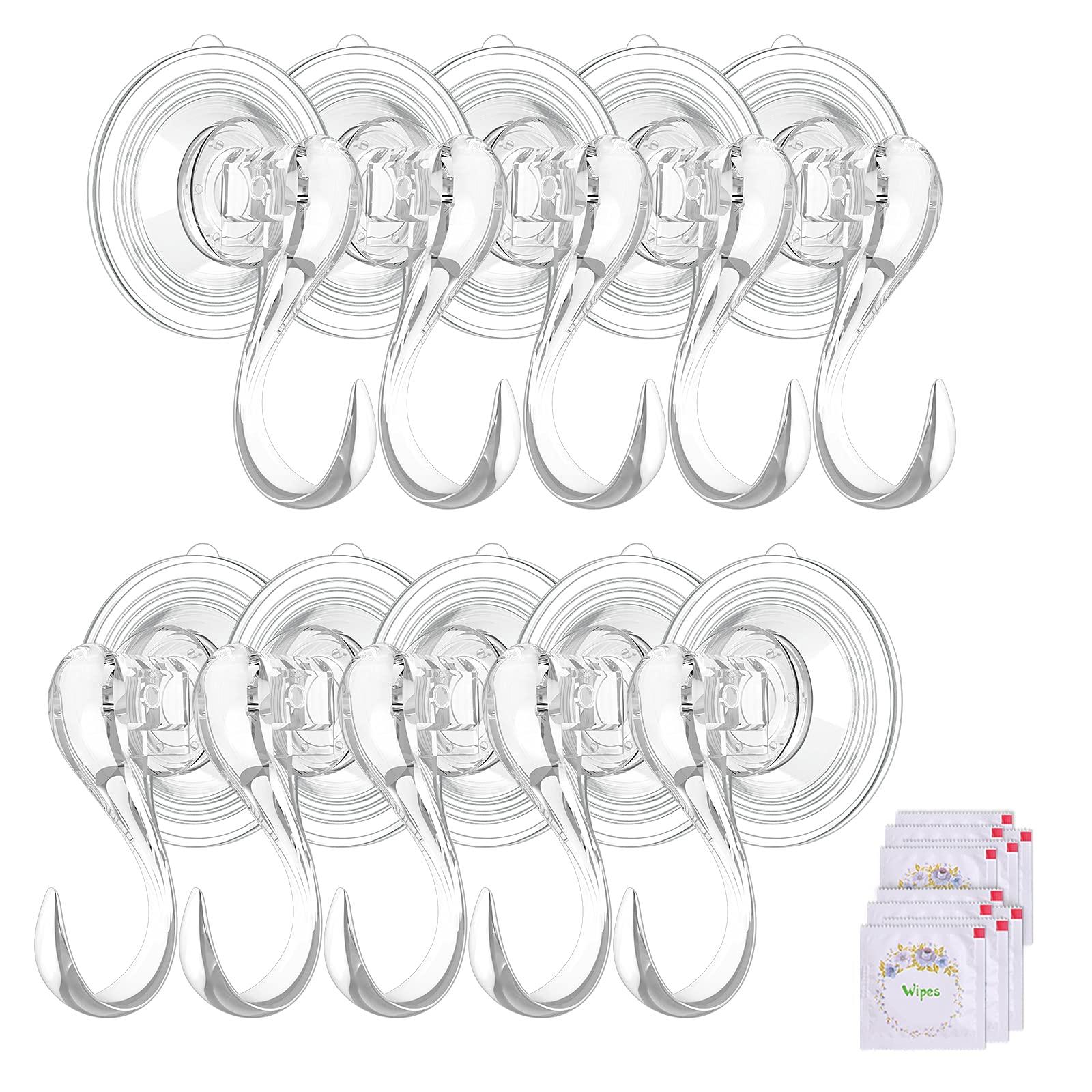 VIS'VSmall Suction Cup Hooks with Wipes, Heavy Duty, Removable and Reusable, Clear, 10 Pcs