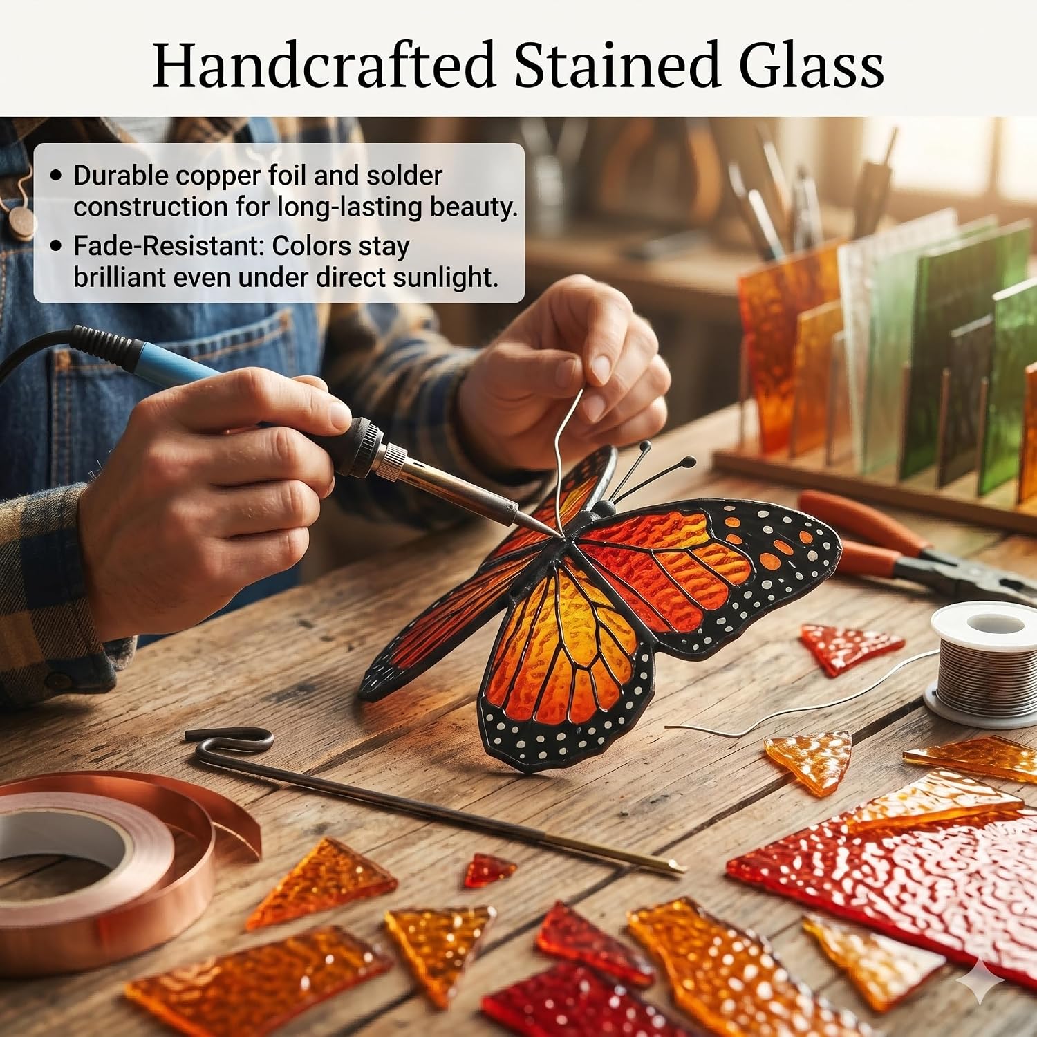 Stained Glass Monarch Butterfly Suncatcher with Copper Stake for Plant Pot image 4