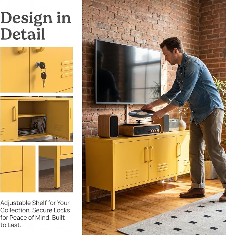 Yellow 3-Door Lockable Metal TV Stand Storage Cabinet with Storage Locker, Wide Heavy-Duty Multipurpose Media Console for Large 100+ Inch TVs, Home Office Entertainment Center image 4