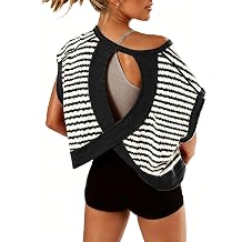 Kumufenc Womens Workout Tops Open Back Striped Boat Neck Shirts | Open Back Workout Tops for Women Cap Sleeve Striped Athletic Shirts Boat Neck Casual Top