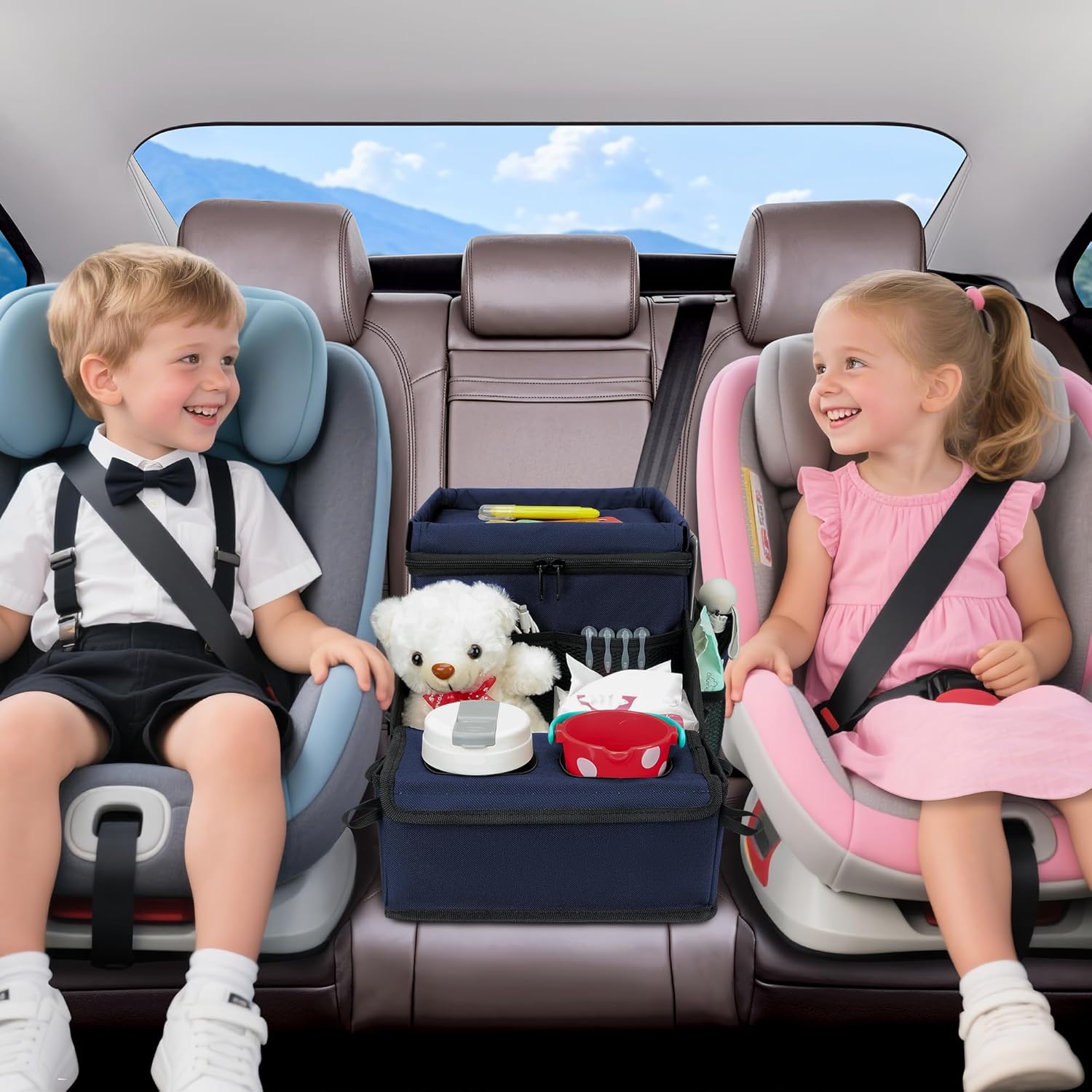 Car Seat Organizer, Backseat Car Organizer with Cup Holder Tray and Storages for Kids and Adults, Portable Travel Cooler for Car for Front or Back Seat Passenger Organizer Ccompartment (Navy Blue)