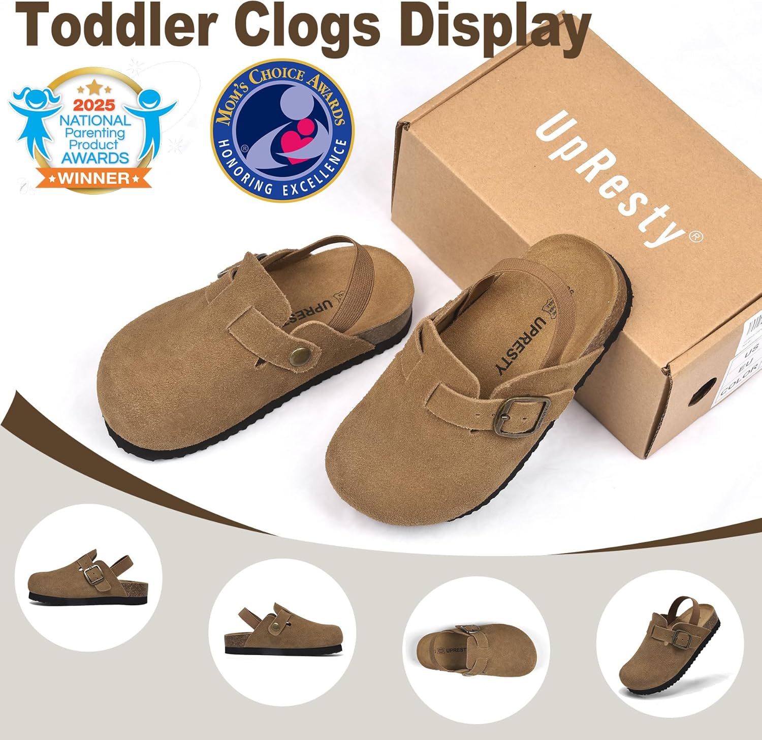 100% Genuine Suede Toddler Kids Clogs with Arch Support, Boys Girls Infant Clogs with Comfort Memory Foam Insole, Non Slip Cork Footbed Mules for Kid with Adjustable Straps - Image 2
