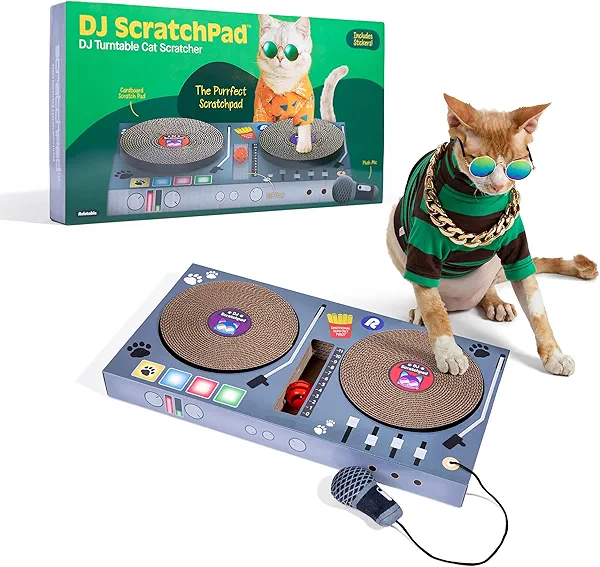 DJ Scratchpad by Relatable, Enrichment Cat Toys And Kitten Toys For Your Furry Friends, Cat Tree Essentials, Includes Box With 2 Scratch Wheels, 1 Plastic Ball With Bell, And Attached Microphone Plush