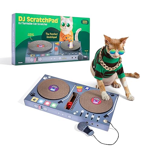 DJ Scratchpad by Relatable, Enrichment Cat Toys And Kitten Toys For Your Furry Friends, Cat Tree Essentials, Includes Box With 2 Scratch Wheels, 1 Plastic Ball With Bell, And Attached Microphone Plush - DJ Scratchpad