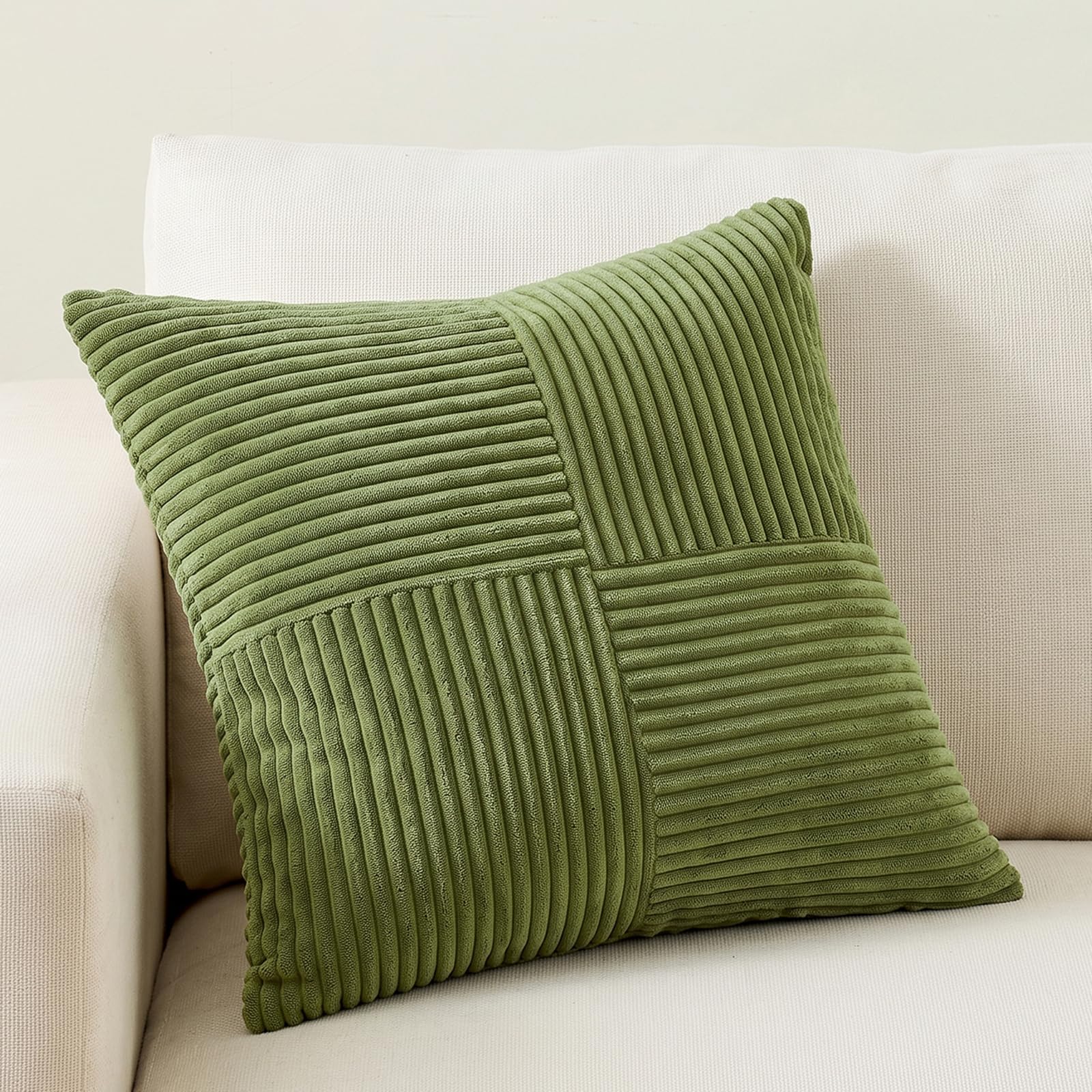 FDTERN Moss Green Samll Decorative Throw Pillow Covers 14x14 Inch for Living Room Couch Bed, Boho Farmhouse Fall Home Decor, Soft Corss Corduroy Patchwork Textured Cushion Covers 35x35cm
