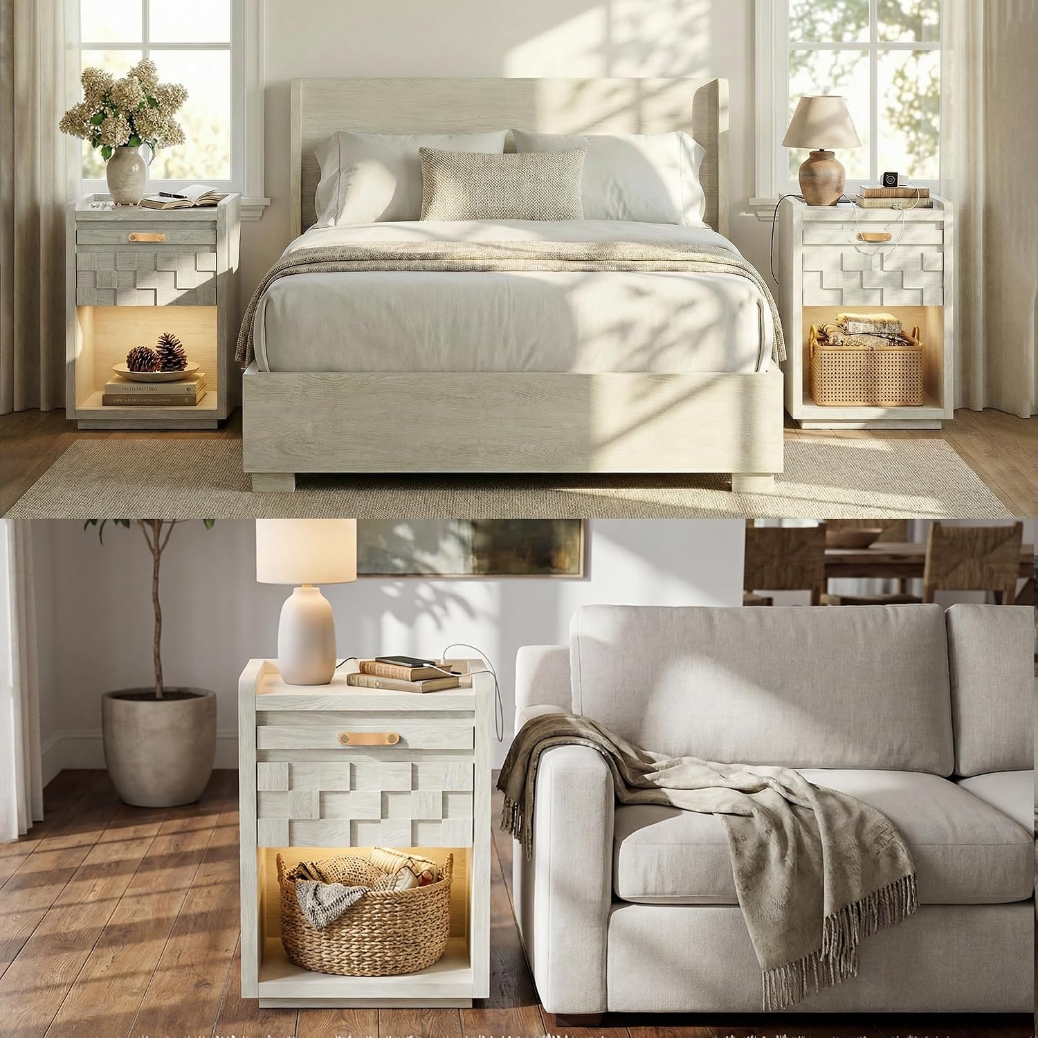 Night Stand with Charging Station, Modern Nightstands with Led Lights, Wooden Bedside Side Table with Drawers & Pull-Out Tray, End Table with Open Storage for Bedroom, Living Room