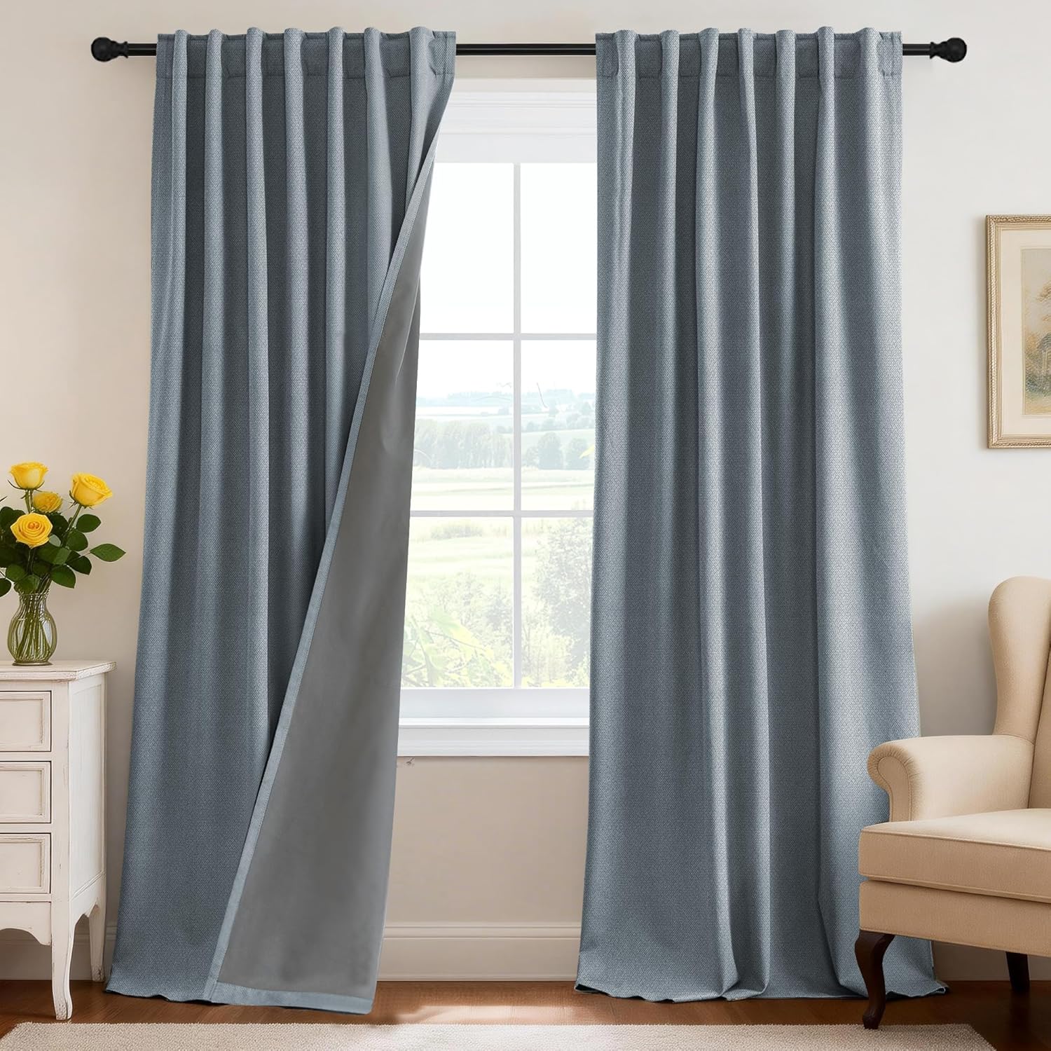 H.VERSAILTEX 100% Blackout Curtains Back Tab Full Light Blocking Curtain Draperies with Gray Coating Thermal Insulated Window Treatment Set of 2 Panels, 52" W x 96" L, Stone Blue