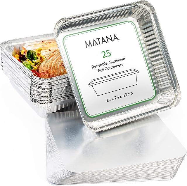 MATANA - 25 Pack Aluminium Tin Foil Roasting Trays with Lids, 24cmx24cm / 1500ml - Cooking Baking Broiling Oven Freezer Safe Tray for Party Food Serving Takeaway Storage Catering Containers