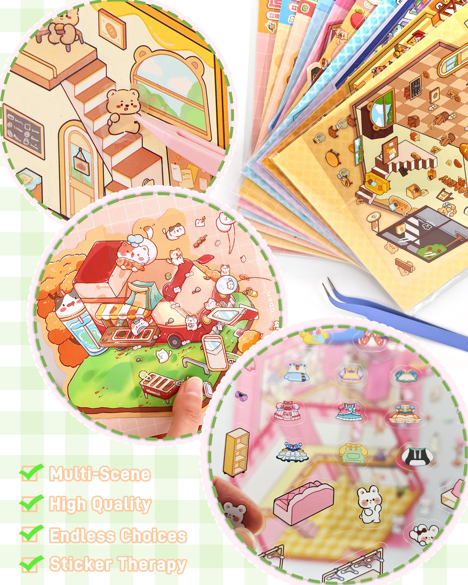LunarCharm – Set De 4 Pegatinas 3D Con Pinzas, Escenas Reutilizables Para Adultos Y Niños, Decoración Y Mini Libro De Pegatinas
