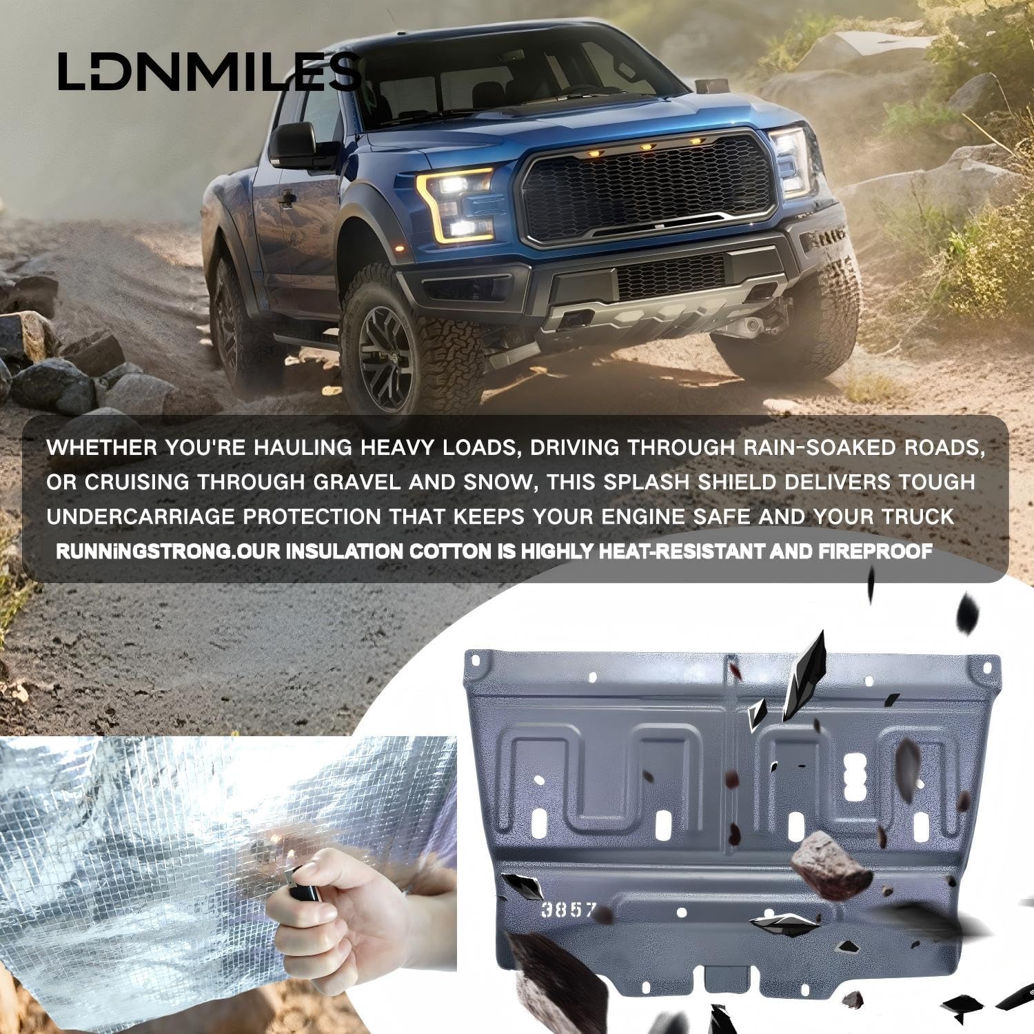 ML3Z-7222-D Splash Panel Shield with Insulation Cotton,Compatible with 2015-2020 Ford F150 Gasoline Engine,3D Manganese Steel Underbody Cover,Not Fit Raptor Model/3.0L Diesel