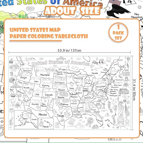 Miniatura 2 de US Map - Póster para colorear para niños, 54 x 33 pulgadas, diseño de mapa gigante de Estados Unidos para colorear, mantel grande de papel para