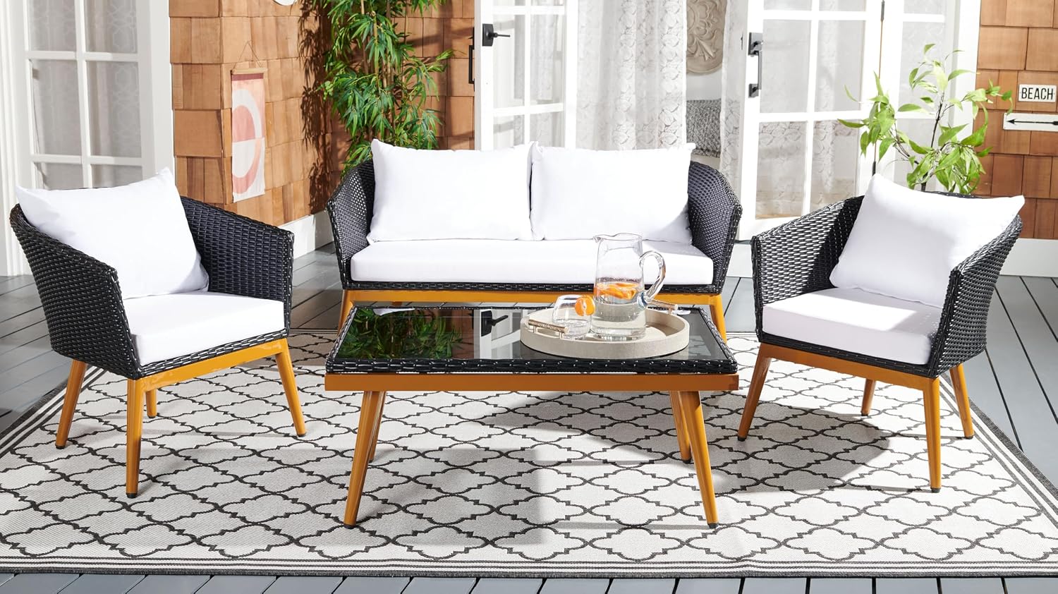 SAFAVIEH Outdoor Collection Malsor Black/White Wicker 4-Piece Outdoor Conversation Patio Set
