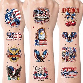 250 Anniversary 4th of July Temporary Tattoos, 8 Sheets Patriotic Fourth of July Tattoos Stickers, 250 Years American Birthday Party Favors Decorations for Independence Memorial Day Supplies Gifts