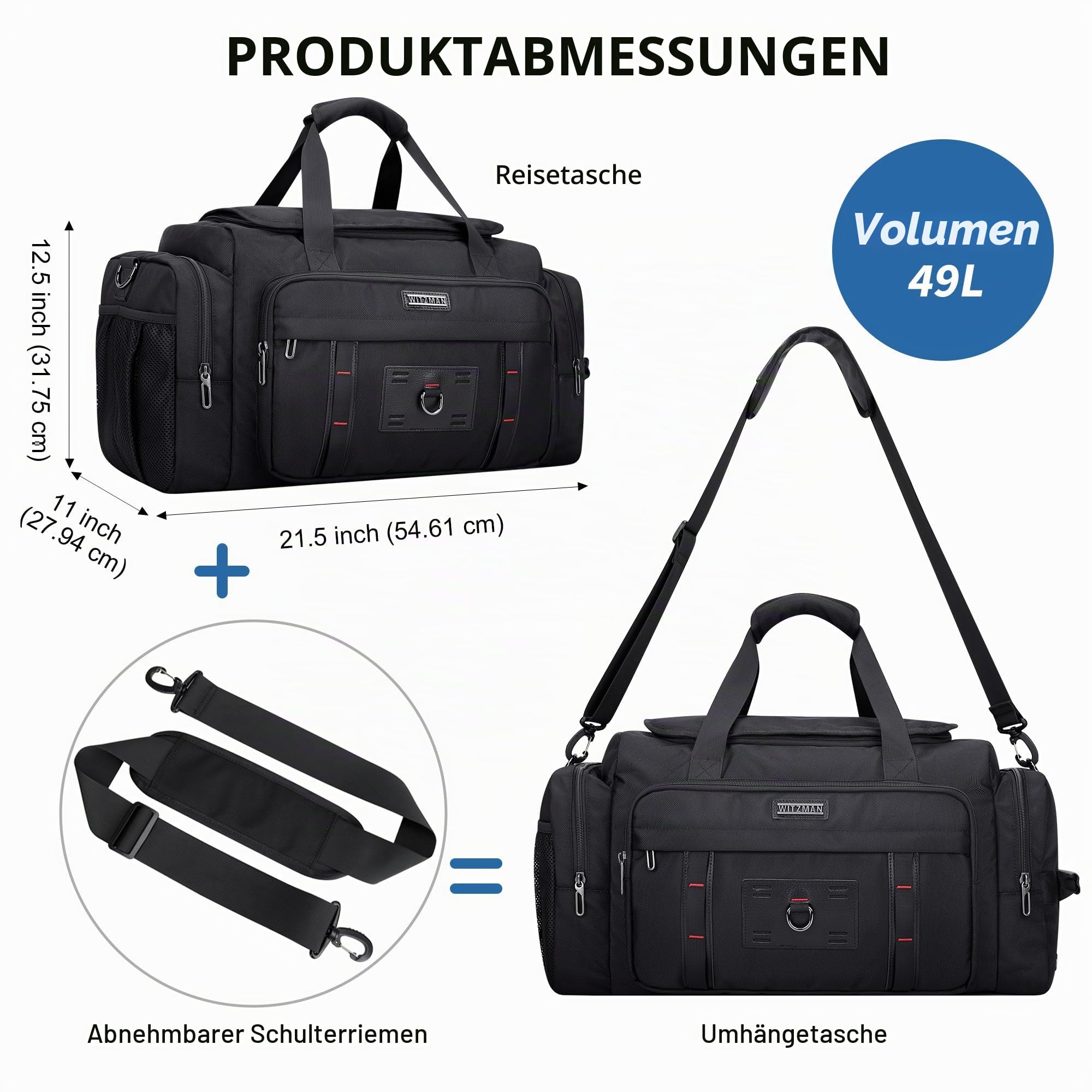 WITZMAN Reisetasche Herren Groß Sporttasche mit Schuhfach Duffle Bag für Travel Gym Trainingstasche Sport Tasche(B719 Schwarz)