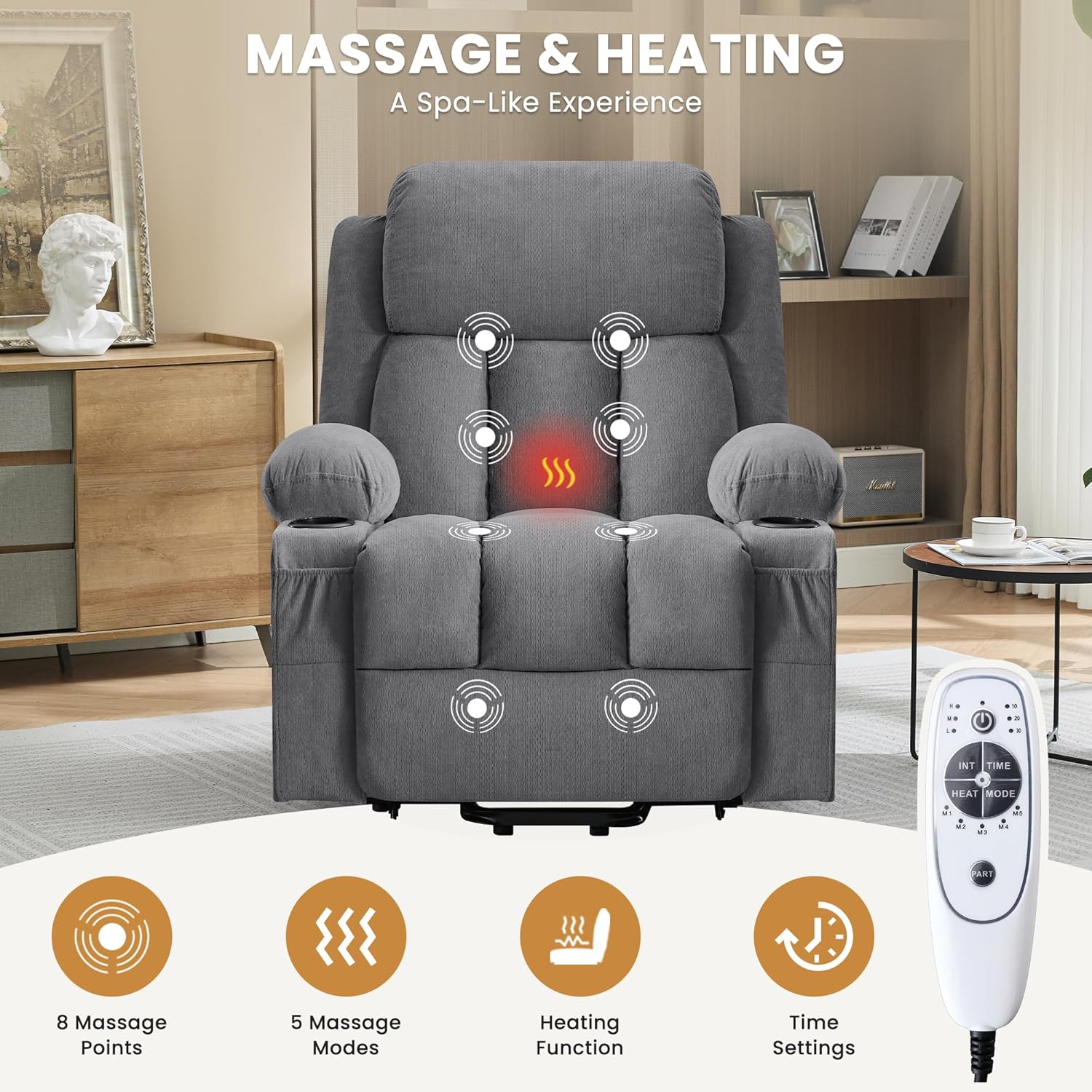 Power Lift Recliner Chair for Elderly with Vibration Massage and Lumbar Heating Electric Oversized Single Sofa with Cup Holder and USB Charge Port for Living Room