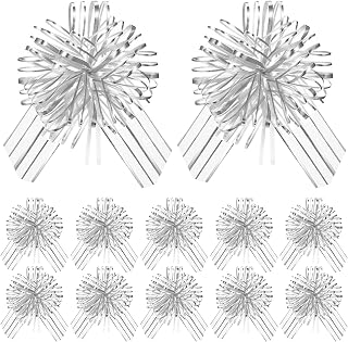 12 Pieces Large Pull Bow for Gift Wrapping Ribbon Pull Bows for Presents Wedding Baskets for Wrapping Boxes Flower Decorations(8 Inch,Silver)