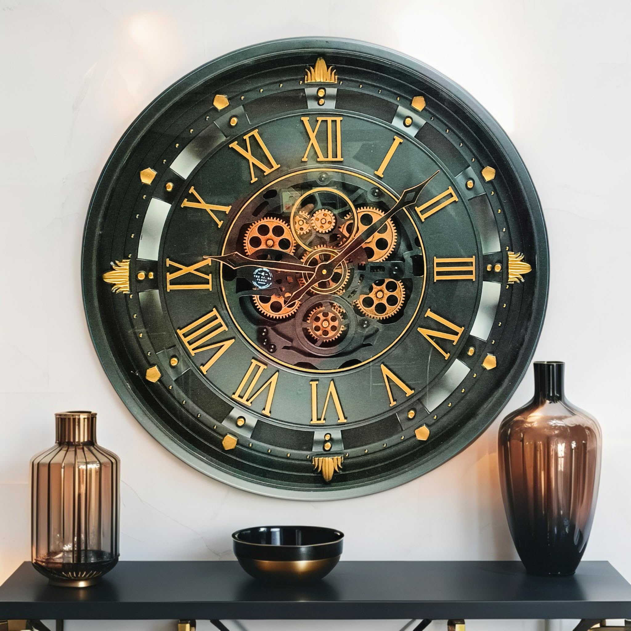 ImprovingLife The Gears Clock Horloge murale de 66 cm (26 pouces) avec véritables engrenages mobiles Ligne Belgique avec couvercle en verre (Noir, 66 cm (26 pouces))