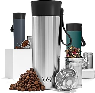 Kubek Termiczny do Kawy z paskiem do przenoszenia & zaparzaczem do herbaty - Szczelny, można myć w zmywarce i wolny od BPA | Kubek do picia ze stali nierdzewnej 360ml, izolowany próżniowo ciepło zimno