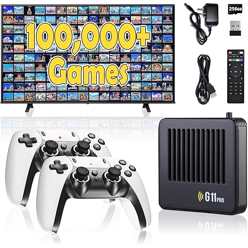 All8bit G11 Pro Game Box,Built-in 100,000+ Games, 60 Emulators,Retro Gaming Console with 2.4g Wireless Dual Controllers,Retro Gamer Pro, HDMI Output,Plug & Play Video Games for TV