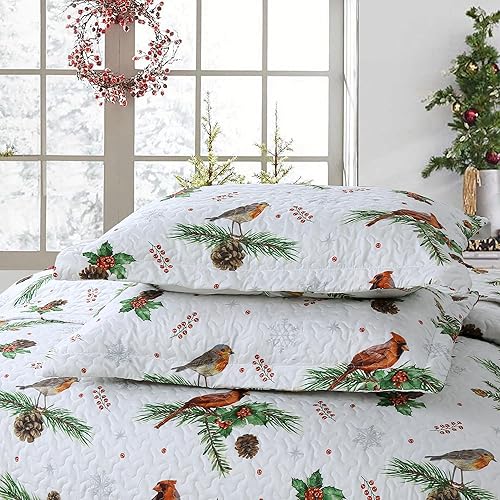 Miniatura 5 de MarCielo Juego de edredón de Navidad de 3 piezas, colcha rústica con ciervo, colcha ligera (cardenales, King)