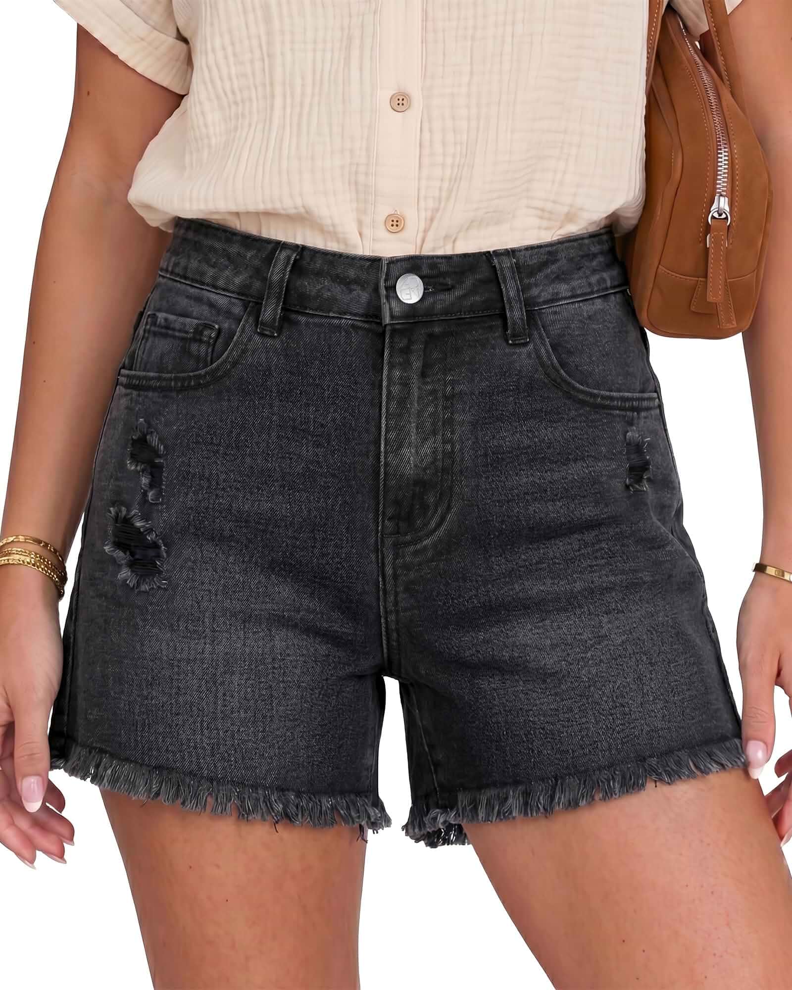 GRAPENT Jean Shorts Womens High Waisted Ripped Cut Off Stretchy Denim Jorts High Waisted, Stretch, 4 Inch Inseam, Distressed, Denim Fabric, 5 Pockets, Fray Hem, Concert Outfits, Western Outfits