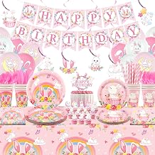KEFAN Bunny Birthday Party Decorations, Rabbit Theme Party Tableware Supplies including HAPPY BIRTHDAY Banner, Plates, Cups, Napkins, Tablecloth, Balloons for Birthday Party, Serves 20