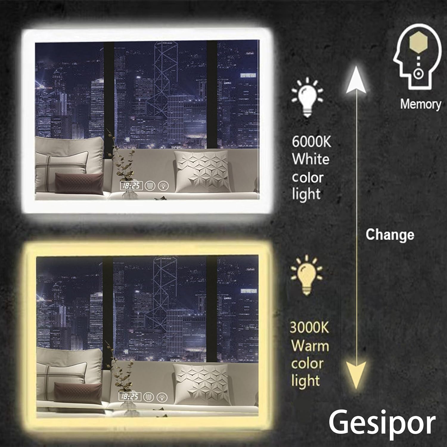 GESIPOR LED Smart Mirror with Display, Wall-Mounted Bathroom Vanity Mirror, Touch Controls