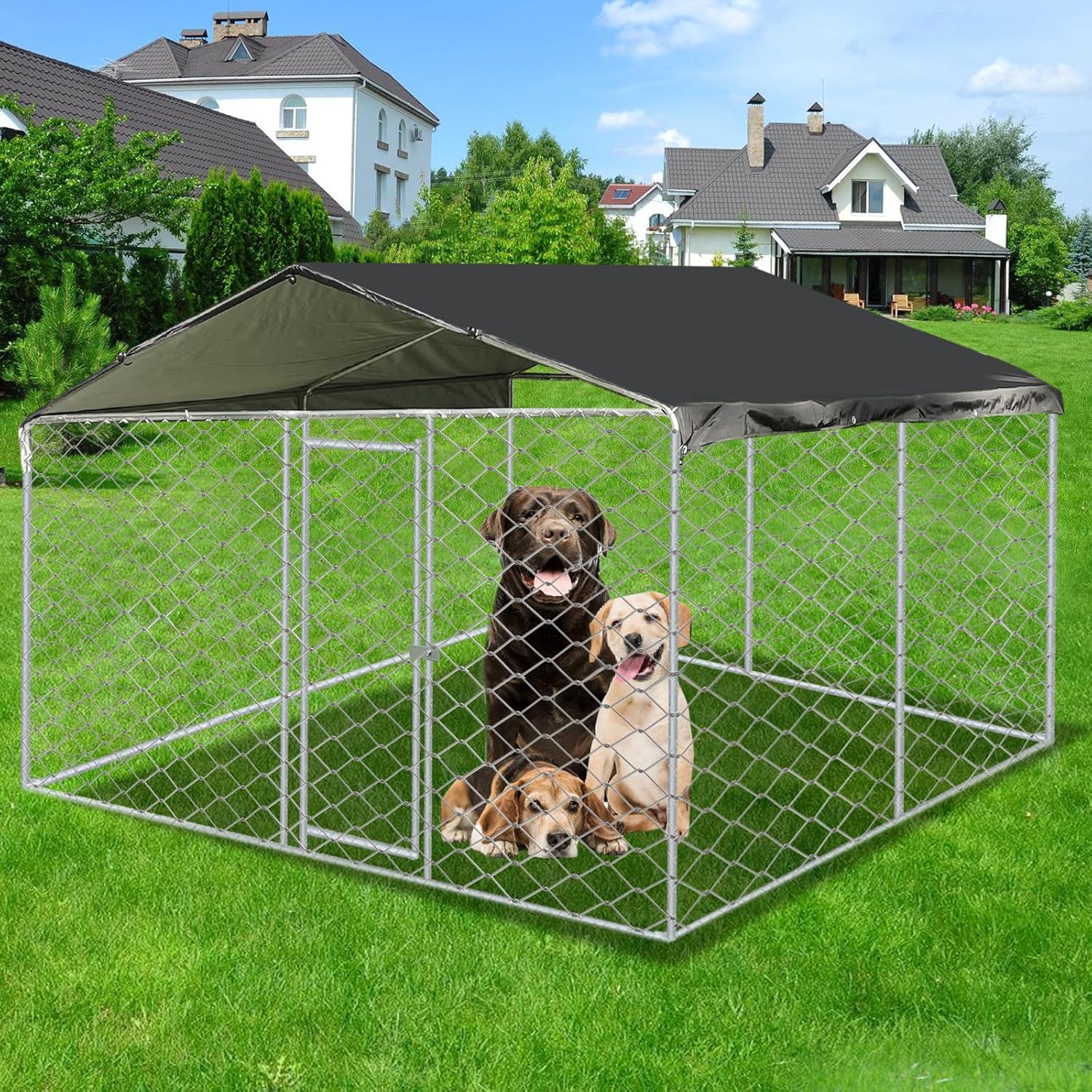 Outdoor Metal Dog Kennel for Yard with Cover, Outside Steel Fence Dog House with Lock, Dog Playpen House & Animal Hutch for Backyard(6.6 * 6.6 * 4.9FT)