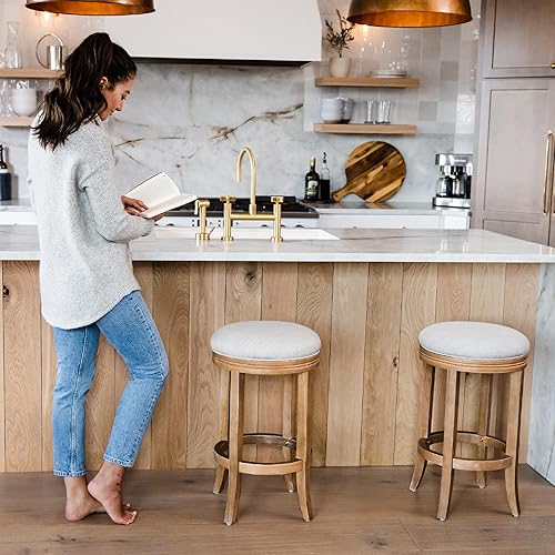 Miniatura 7 de Maven Lane Eva Taburete de bar giratorio de 26 pulgadas de altura de mostrador en acabado de roble desgastado con asiento tapizado de tela color