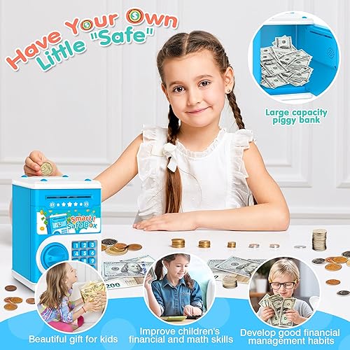 Miniatura 2 de Alcancía azul para niños, banco electrónico de monedas, tarro de dinero seguro para niños de 4 7 8 9 10 11 años con bloqueo de código de contraseña