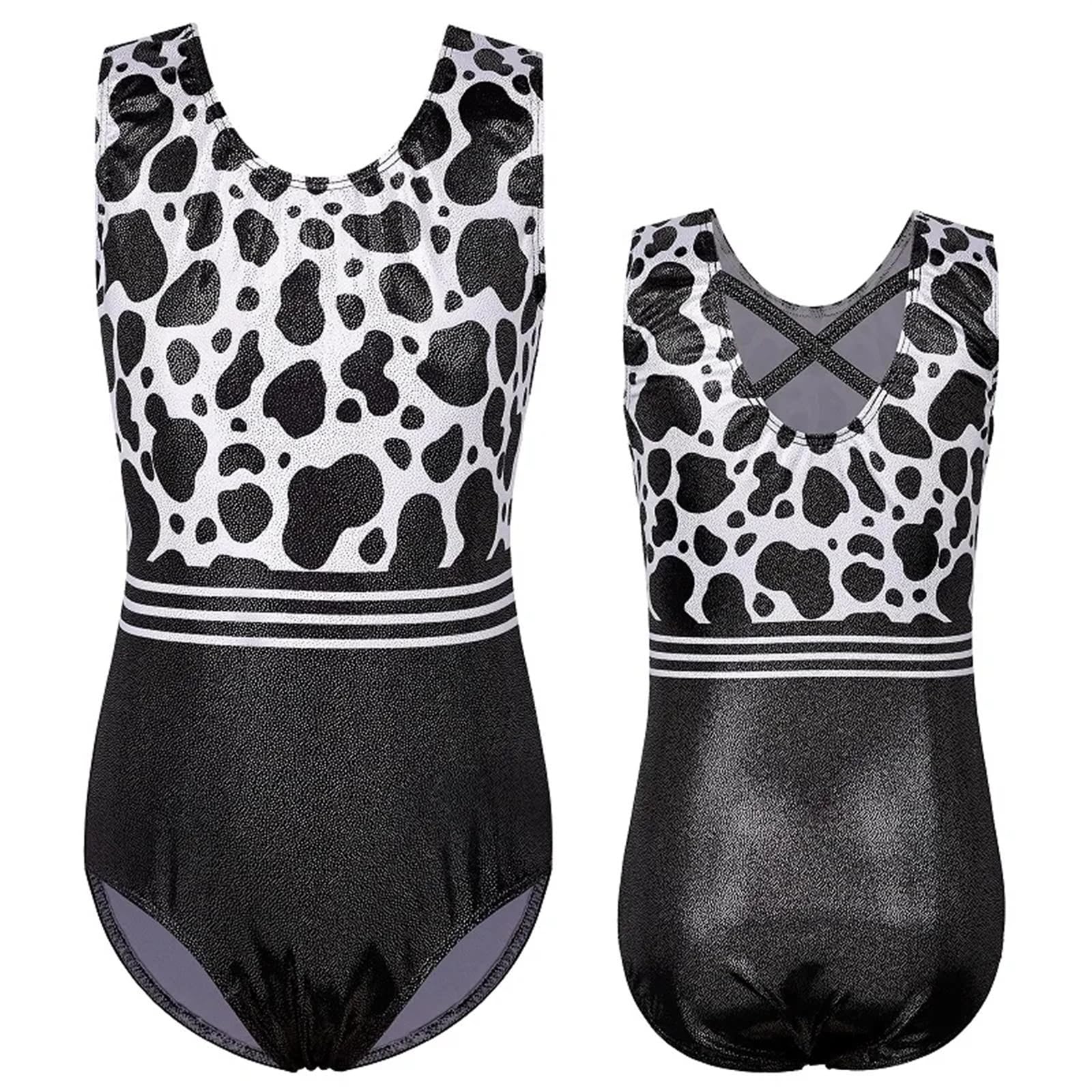 Turnanzug Mädchen Kurzarm Schwarzer Gymnastikanzug for Mädchen mit Streifenmuster, Ballettanzug, ärmellos, Overall, Body, Ballerina, Tanzkleidung Gymnastikanzug(Black Cow,12A)