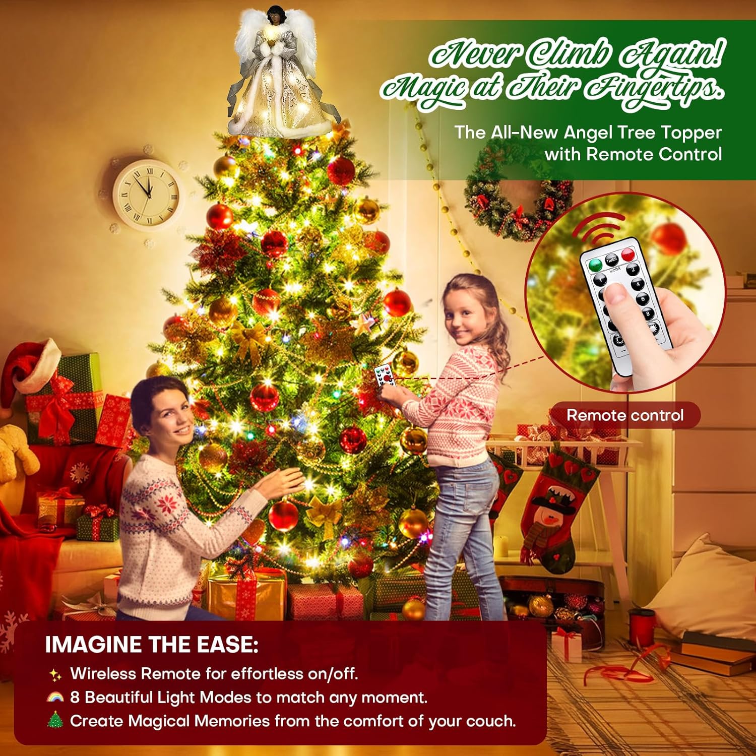 Angel Tree Topper with Lights and Remote Control, 12" Lighted Tree Toppers Christmas Decorations, Elegant and Durable, Perfect for Holiday Home Decor and Gifts, Black, WOKEISE