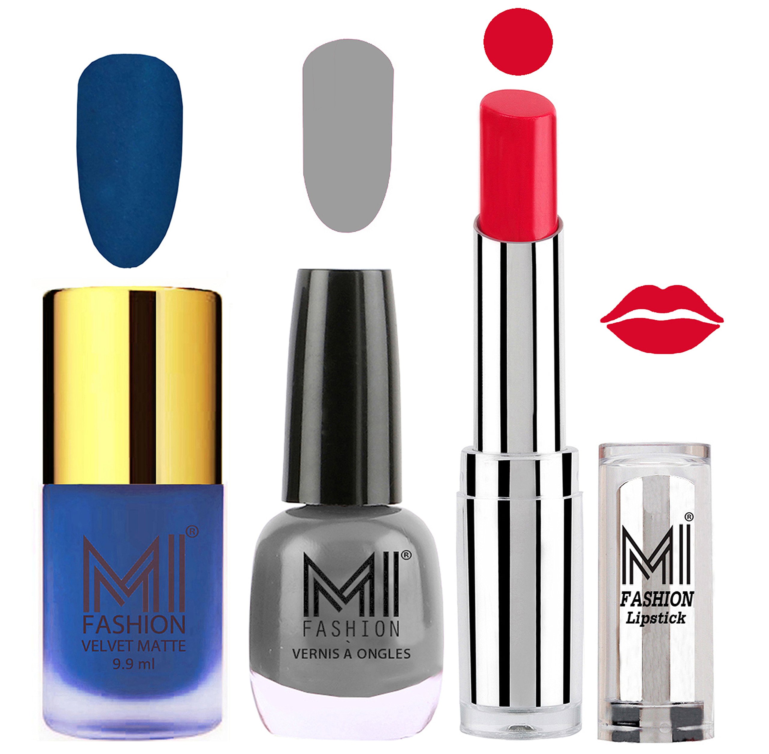 MI Fashion Long Lasting Nail Polish and Lipstick Combo - Navy Blue Matte Nail Polish, Grey Shine Nail Polish and Red Bomber Lipstick Set of 3-image-16