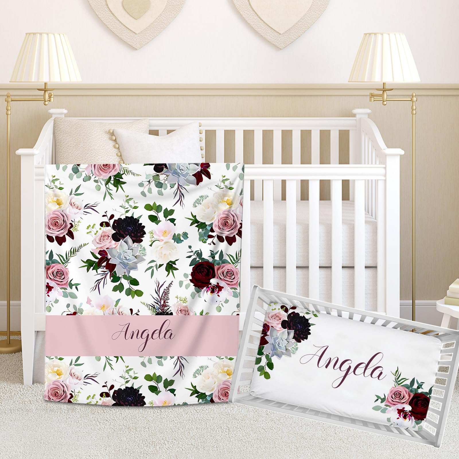 Personalized Baby Girls' Nursery Bedding - Custom Pink Purple Floral Comforter & Fitted Sheets with Name