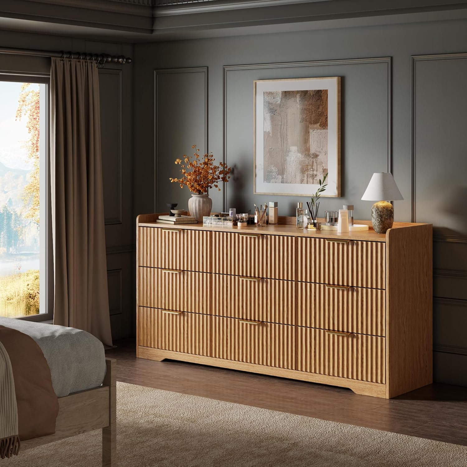 Fluted Dresser for Bedroom with 9 Drawers, 57" Wide Modern Chest of Drawers with Metal Handle, Wooden Dresser TV Stand, Wood Closet Clothes Storage Organizer for Living Room, Hallway, Natural Oak