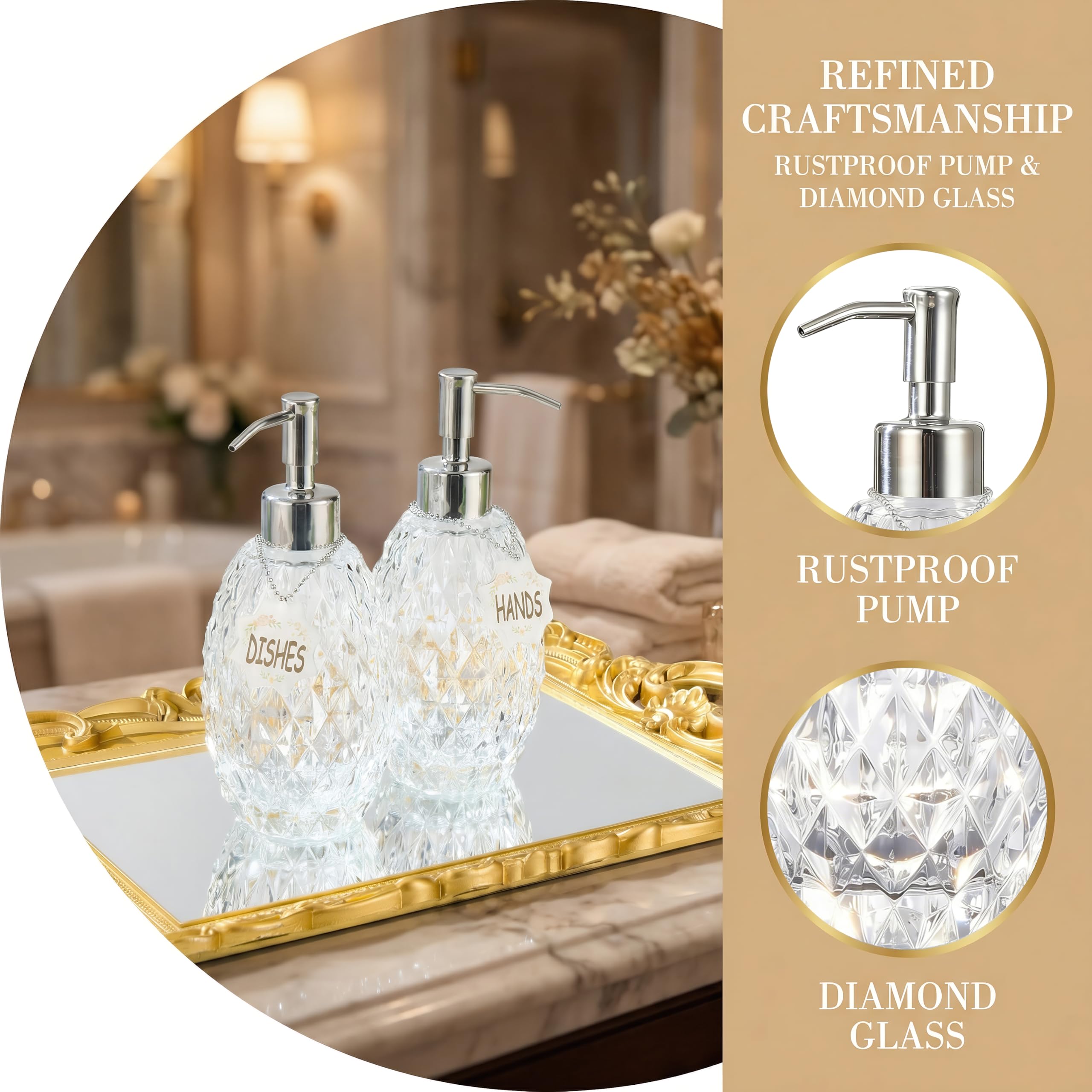 Malachi Juego de dispensador de jabón, Vidrio de Diamante con Textura de Cristal con Bomba de Acero Inoxidable Inoxidable, dispensador de jabón de Manos y Platos de Doble Etiqueta para Cocina y baño