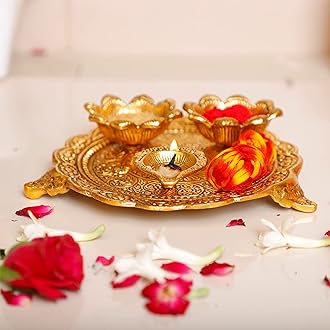 KridayKraft Metal Pooja Thali With Diya for Home/Temple/Mandir, Decorative Showpiece Set for Diwali Poojan Wedding Gift Article, Gold