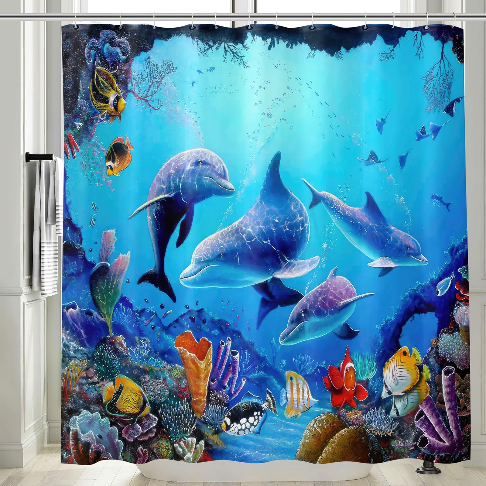 Vgzsyomqib Extra Long Shower Curtain Wet Room Bath 180x200cm Drop Waterproof Anti Mould Proof Resistant Ocean Underwater Dolphin Bathroom Shower Curtains Washable Fabric with Hooks, Blue 01