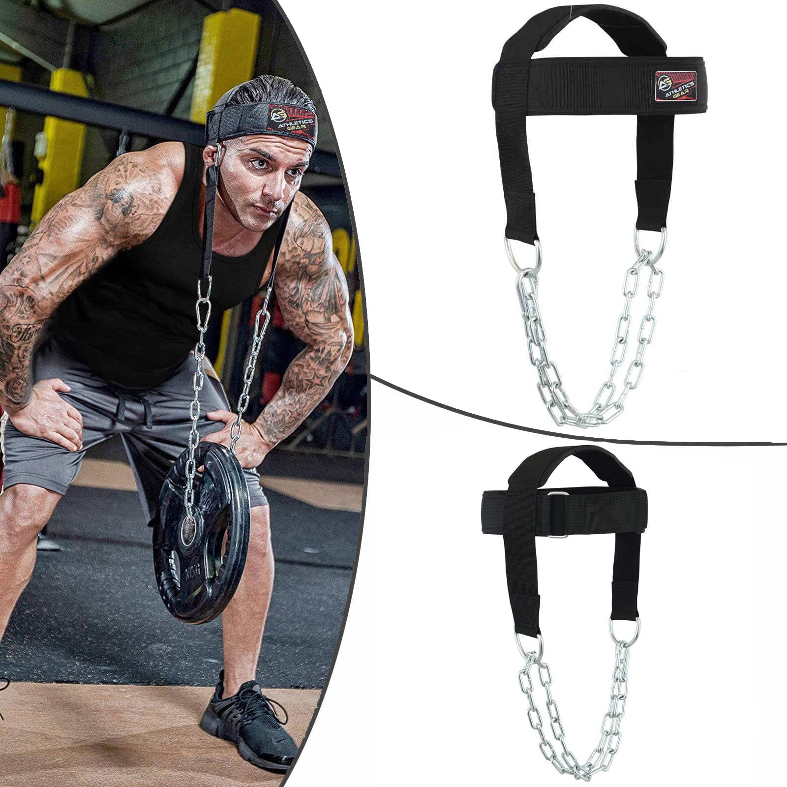 Neck Harness Weight Lifting by Athletics Gear – Fully adjustable, Handcrafted Multi-directional Triple-Layer with 28” Steel Chains & D-Shackle (Black)