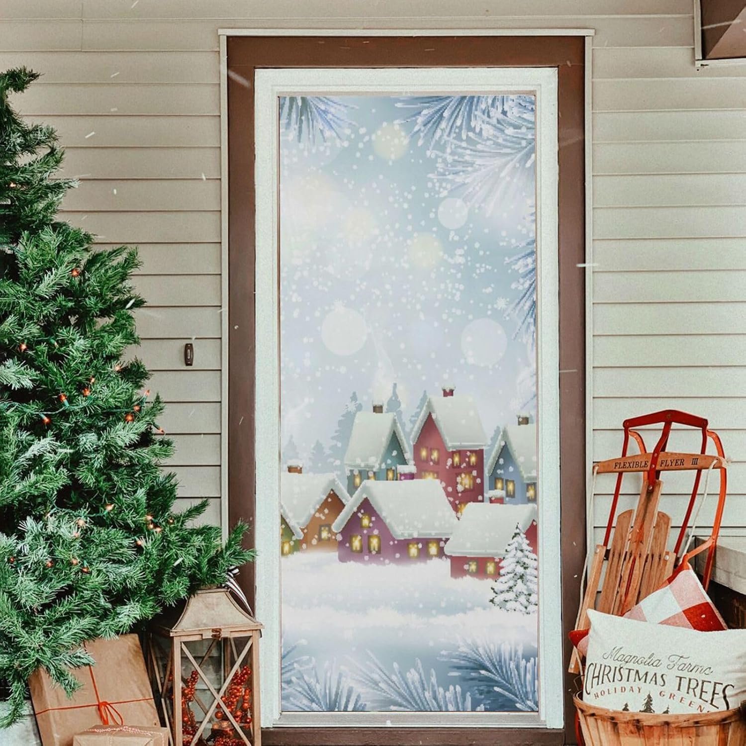 Christmas Town Door Cover Washable High Elastic Fabric Front Door Cover for Festive Party Home Decor,36x83Inch
