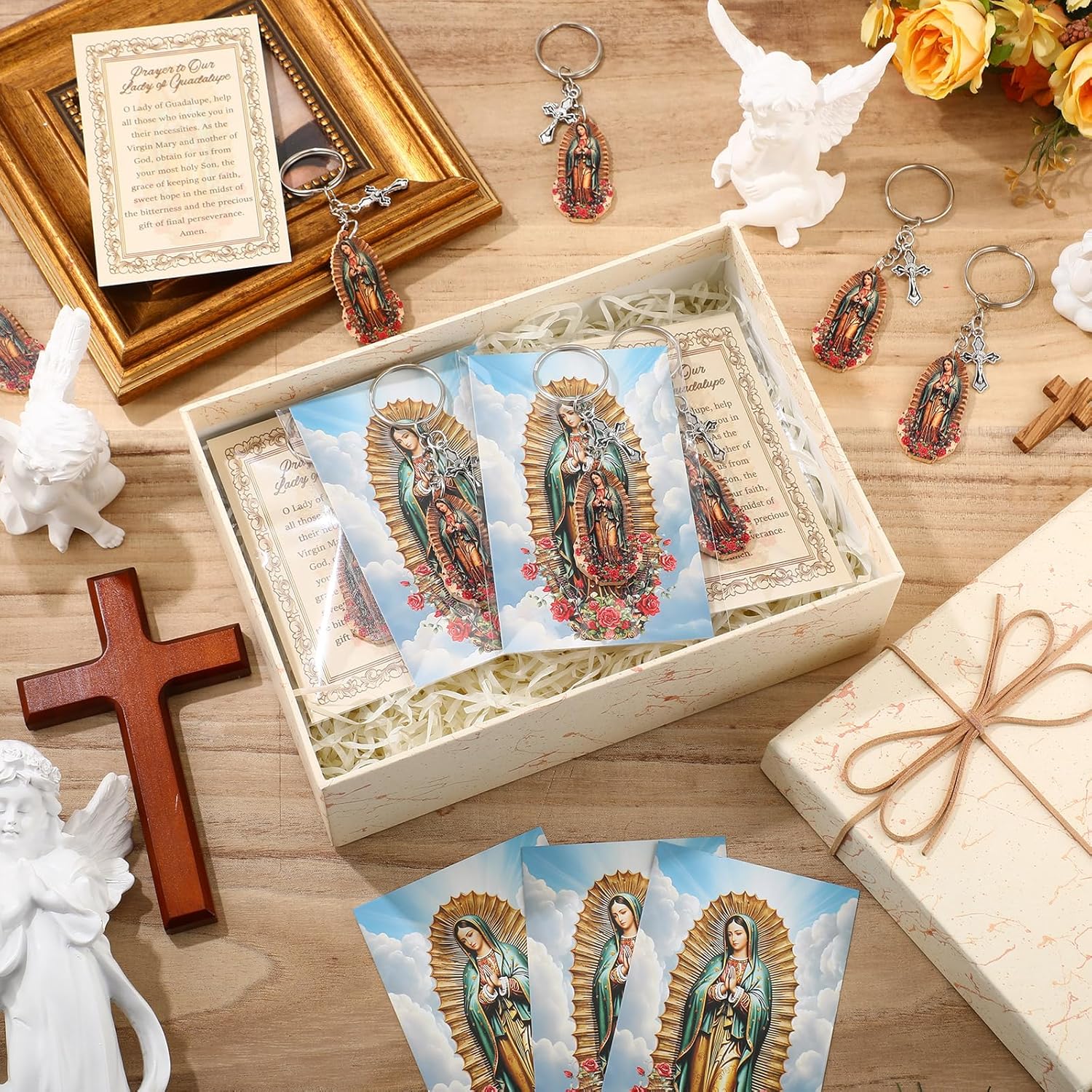 Highergo 60 Sets Virgin of Guadalupe Keychains Gifts Mothers Day Baptism Favors for Guests Catholic Prayer Cards Religious Souvenirs (Guadalupe)
