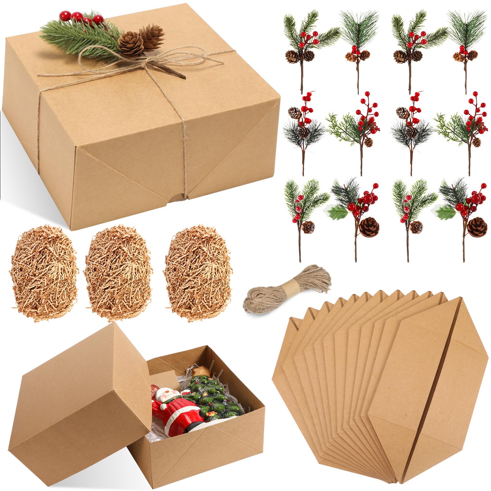 Cholemy Set di 12 scatole regalo di Natale con coperchio, 12 scatole regalo di carta da 20 x 20 x 10 cm, 12 plettri in pino artificiale e 1 rotolo di corda per compleanni, matrimoni, regali